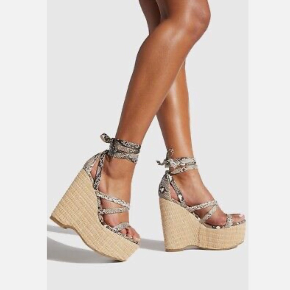 Women’s size 9.5 strappy snakeskin wedges